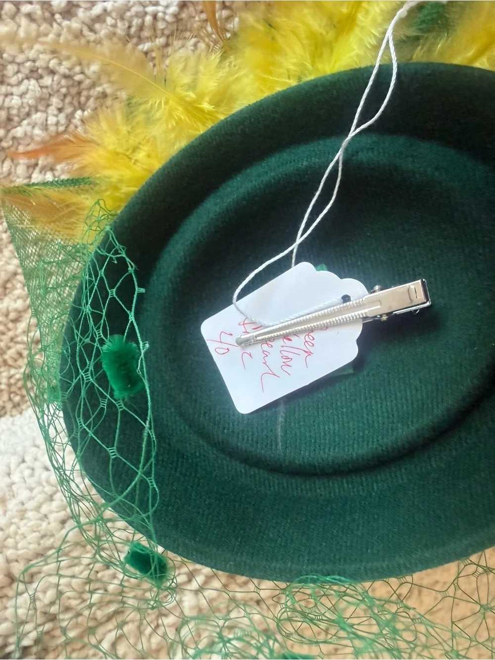 Green Feathered Veiled Pillbox Hat Fascinator